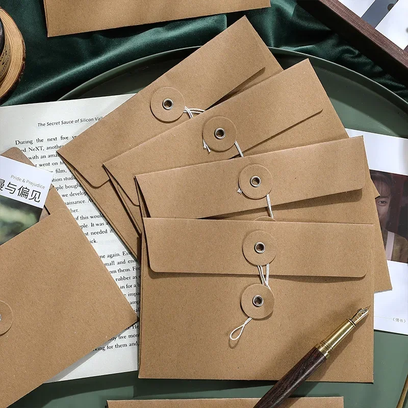 5/10pcs Retro Kraft Paper Envelopes with Button String Tie Closure Clasp for Postcards Letter Writing File Bag Korean Stationery invitation flower desig letter paper craft paper kraft paper with rope retro vintage letter pad writing paper envelope