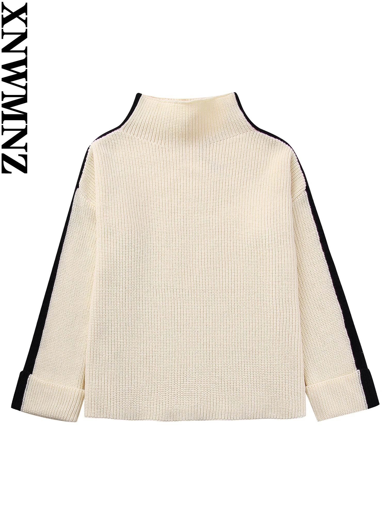 

XNWMNZ Women's Fashion 2023 Autumn/Winter Contrast Loose Knitted Sweater Women High Neck Long Sleeve Versatile Female Pullover