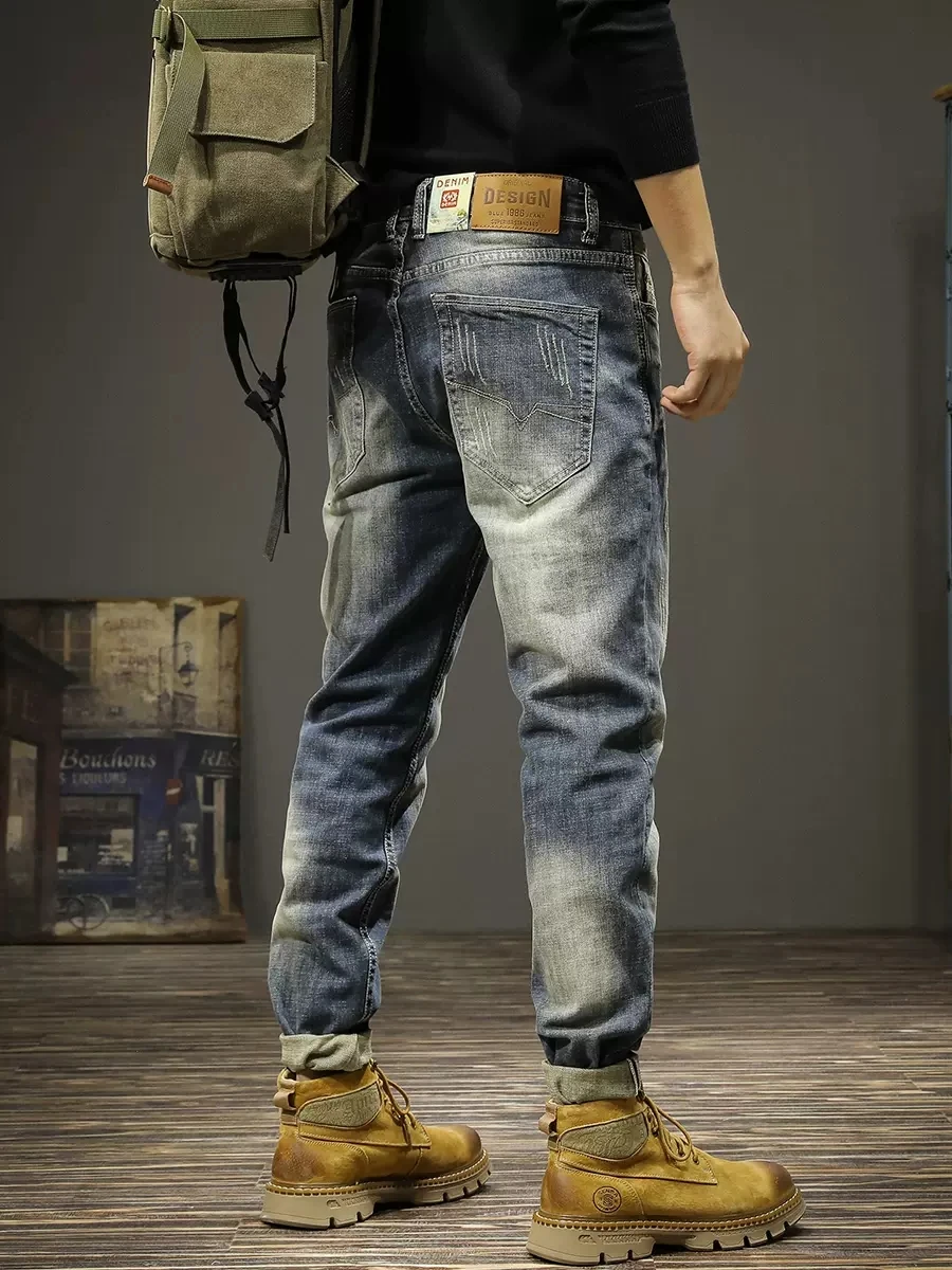 Newly Fashion Designer Men Jeans Retro Blue Stretch Slim Fit Elastic Ripped Jeans Men Vintage Trousers Casual Denim Pants Hombre