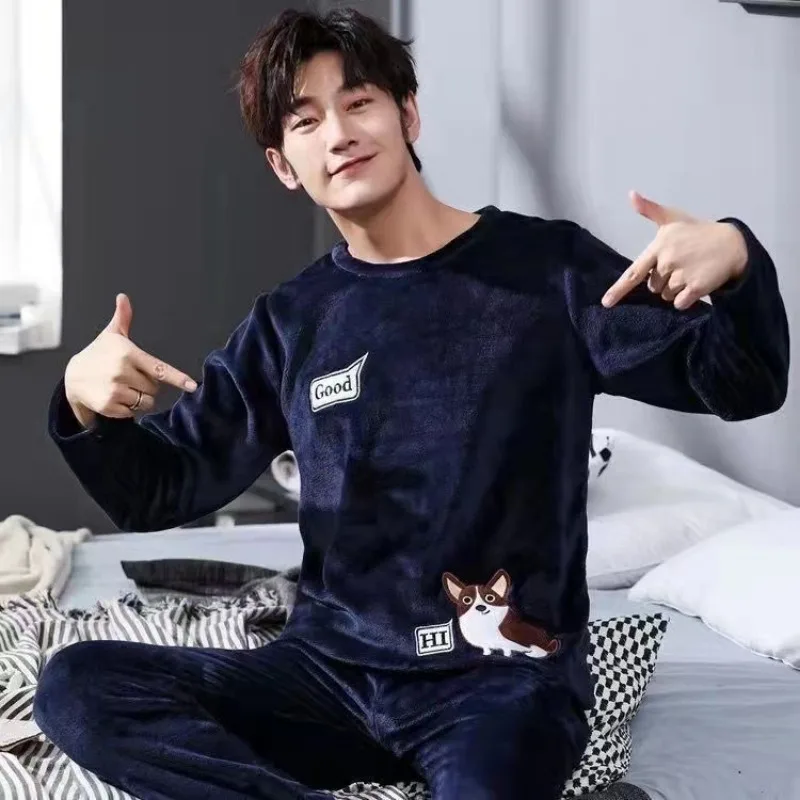 Flannel Pajamas Set Men Korean Striped Padded Long-Sleeved Cartoon Nightwear Homewear Sleepwear Loungewear