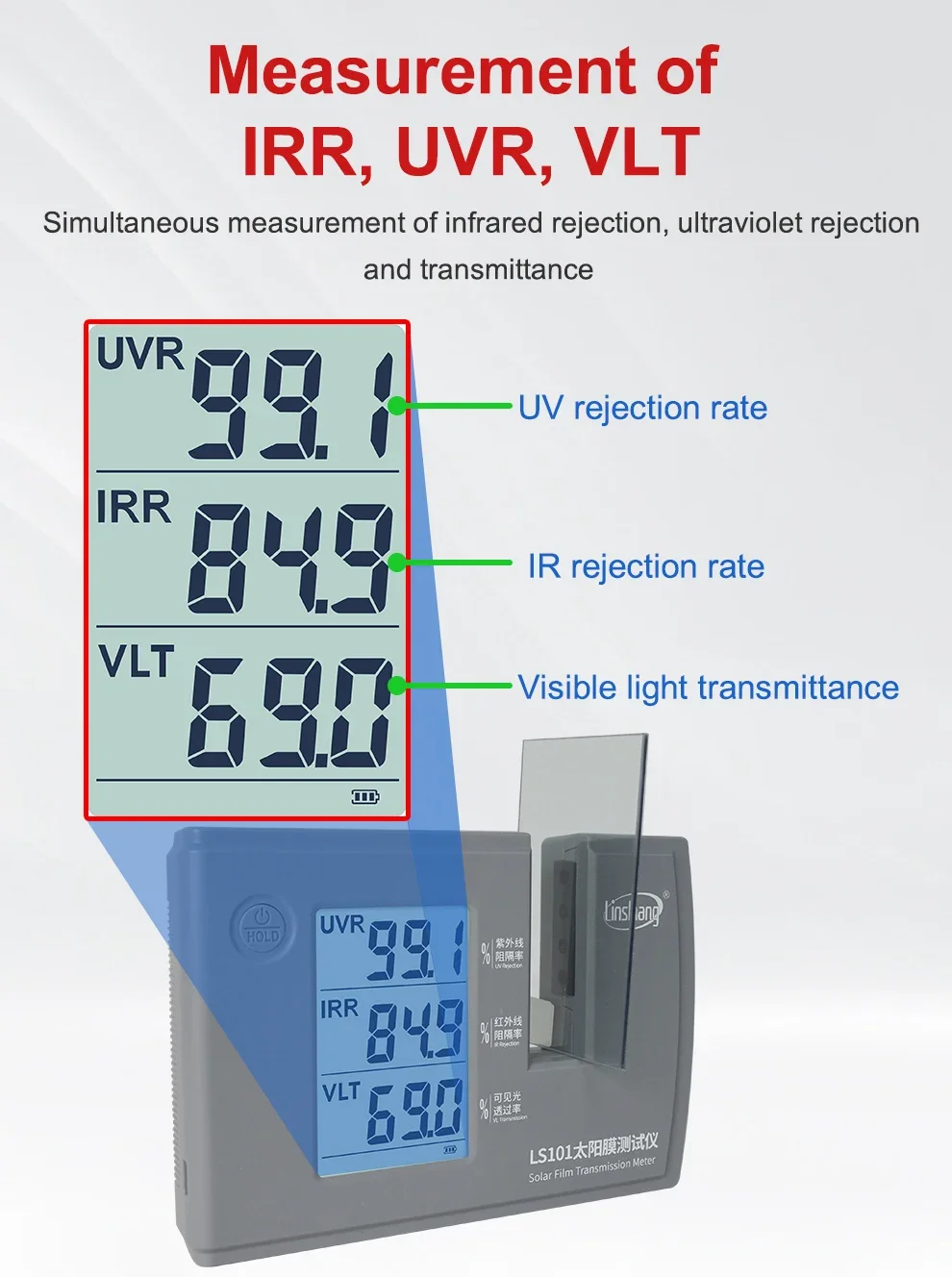 Description Picture 5 of itemSolar Film Tester LS101 20mm Window Tint Measurement Device Measuring Thickness Simple Operation UV 365nm and IR 940nm VLT Stick
