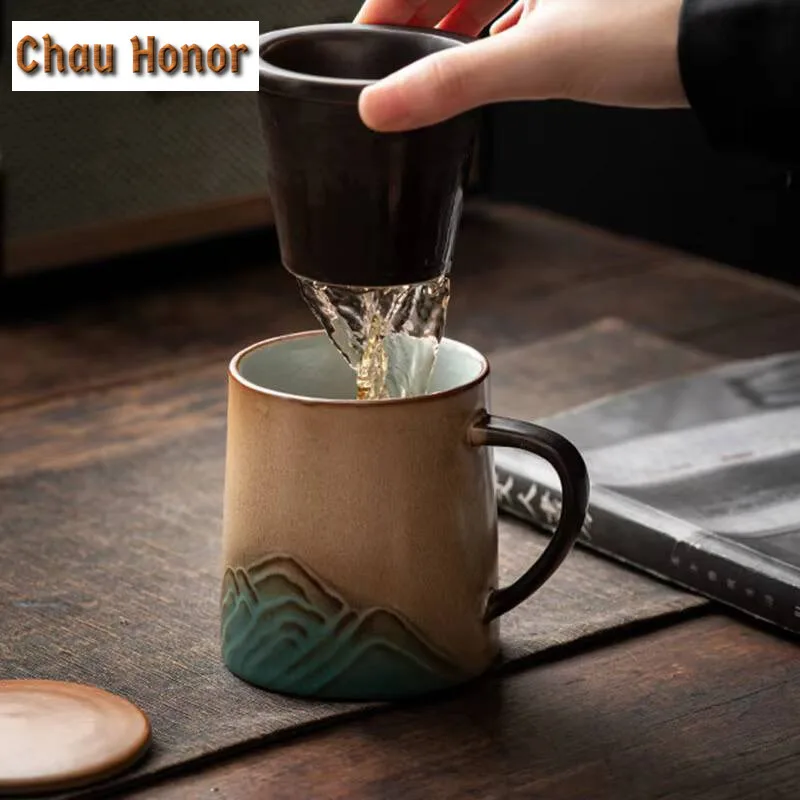 280ml Retro Distant Hills Coarse Pottery Filter Tea Separator Cup Zen Tea Mug with Infuser Tea Brewing Office Water Cup Craft