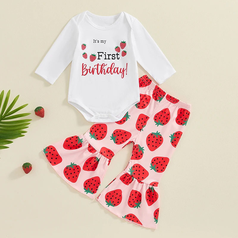 

2024-05-07 Lioraitiin 2-Piece Baby Girls Set Adorable Strawberry Letter Print Long Sleeve O-Neck Romper Flare Trousers Outfits