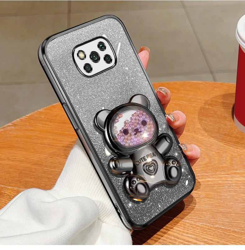 pokox3 x5 Quicksand Bear Glitter Holder Phone Case On For Xiaomi Mi Poco X5 GT NFC X3 M4 M3 M2 Pro Stand Cover F4 F5 F2_voghion.com