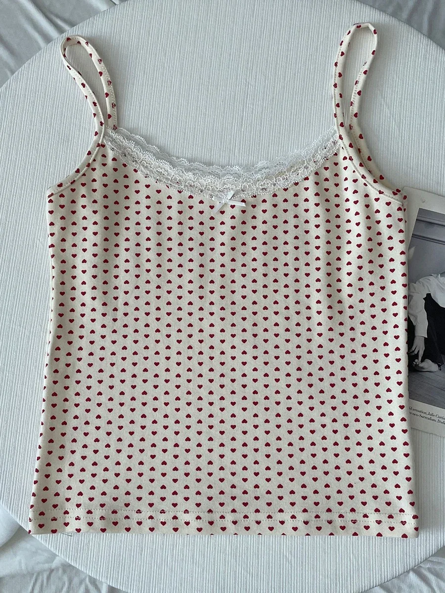 Floral Eyelet Lace-Trim Bow Tank Top - Women's Slim Cotton Camisole