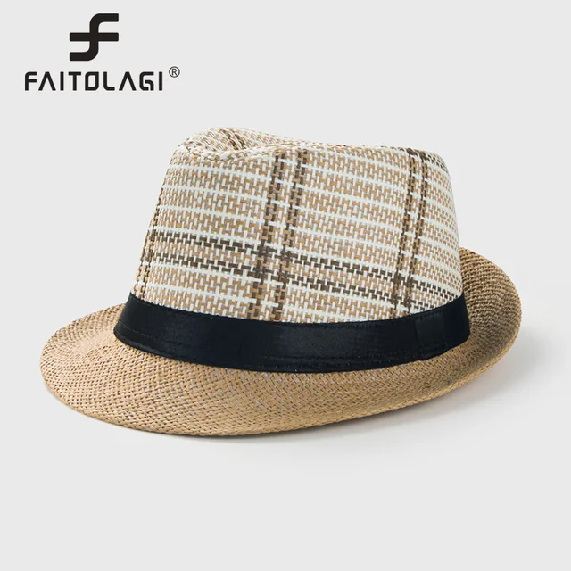 Men Straw Hat Fashion Trendy Ribbon Fedoras Solid Color Casual Cowboy Jazz Cap Male Gangster Caps Summer Beach Sun Hats Bonnet 1