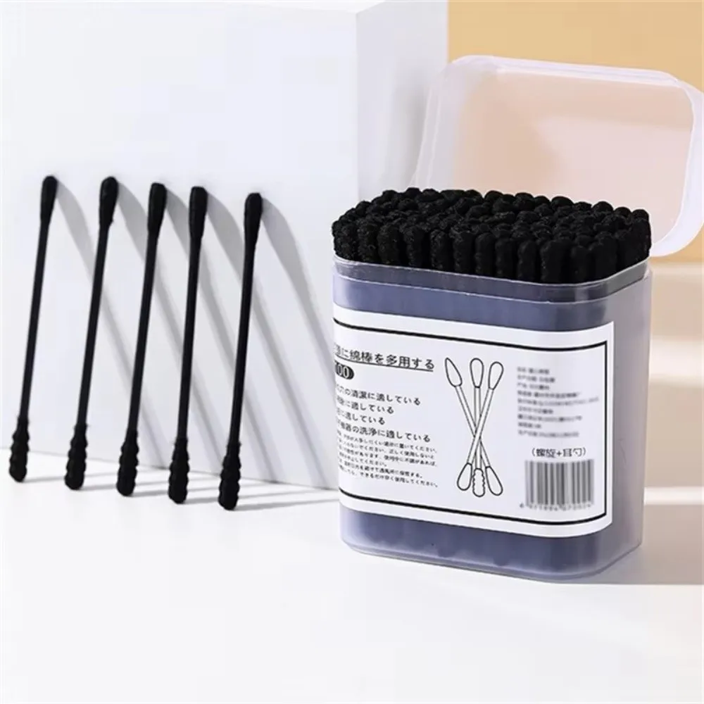 100Pcs New Black Disposable Cotton Swabs Double-Headed Soft Cleaning Cotton Bud Spiral Shape Ear Cleaner Beauty Skin Care Tools