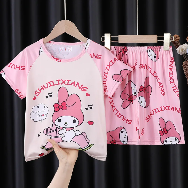 

2024 Sanrio My Melody Kawaii Anime New Childrens Summer Pajama Set Cute Cartoon Short Sleeved Summer Home Clothing Kids Toys