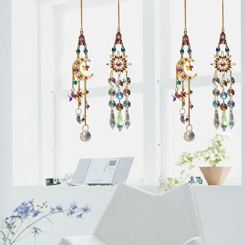 Sun Catcher Crystal Pendant Suncatcher Window Prisms Rainbow Maker Vintage Wind Chimes Sun Moon Hanging Ornament Home Garden Decoration sun catcher crystal pendant sun catchers window ornament