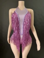Sparkly Rhinestones Sequins Tassel LeotardWomen Nightclub Outfit Singer Dancer CostumeStage Wear Sexy Performance Bodysuit 7G 3