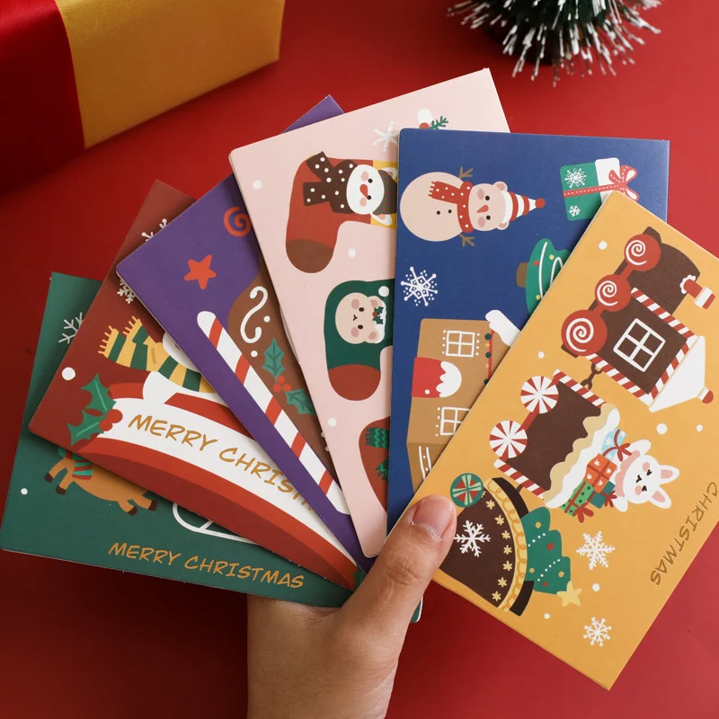 10PCS Christmas cartoon greeting card, gift decoration card, Christmas Eve thank you greeting card with envelope, random style