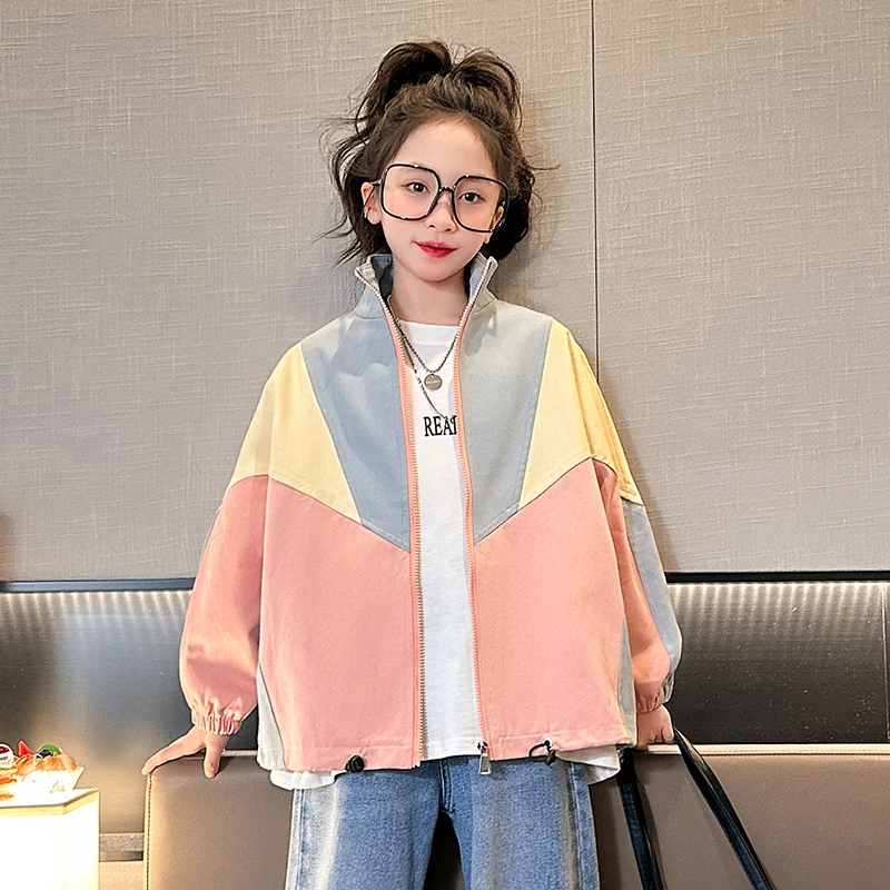 

Young Girls Spring Jacket Patchwork Kids Long Sleeve Outerwear Zipper Tops Children's Spring Coat Kids for 5-16 Years Clothing