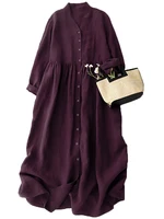 Women's Cotton Linen V-Ne Dr Two-Way Wear Long Sve Gown Button Sle A-Line Skirt Casual Commute Wind Spring Faion - Image 5