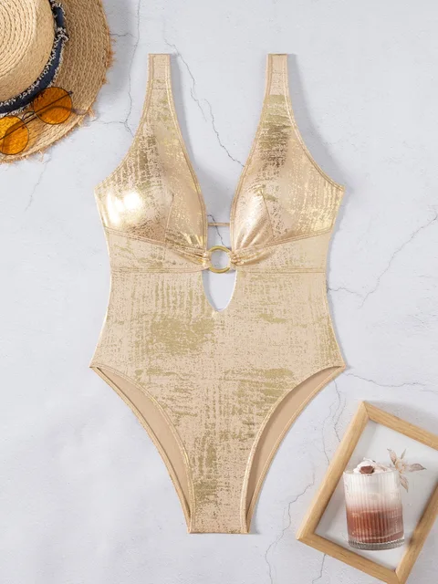 Shiny Gold One Piece Swimsuit 2025 Women Deep V Neck Hollow Out Backless Swimwear Summer Beach Bathing Suit Holiday Monokini 1