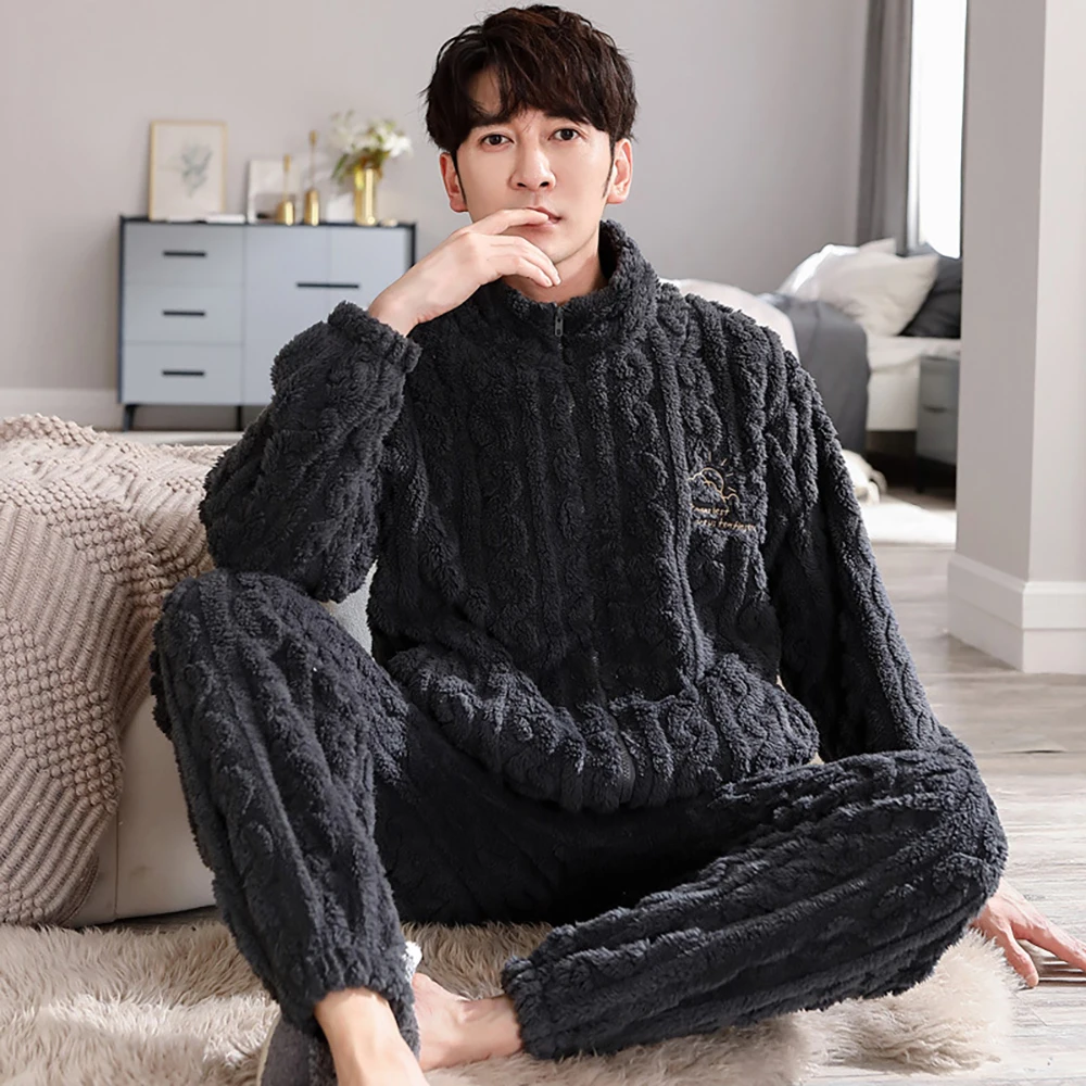 Zipper Warm Flannel Long Plush Pajamas for Men Winter Thicken Coral Fleece Male Pajamas Set Simple Casual Solid pyjama homme 3XL