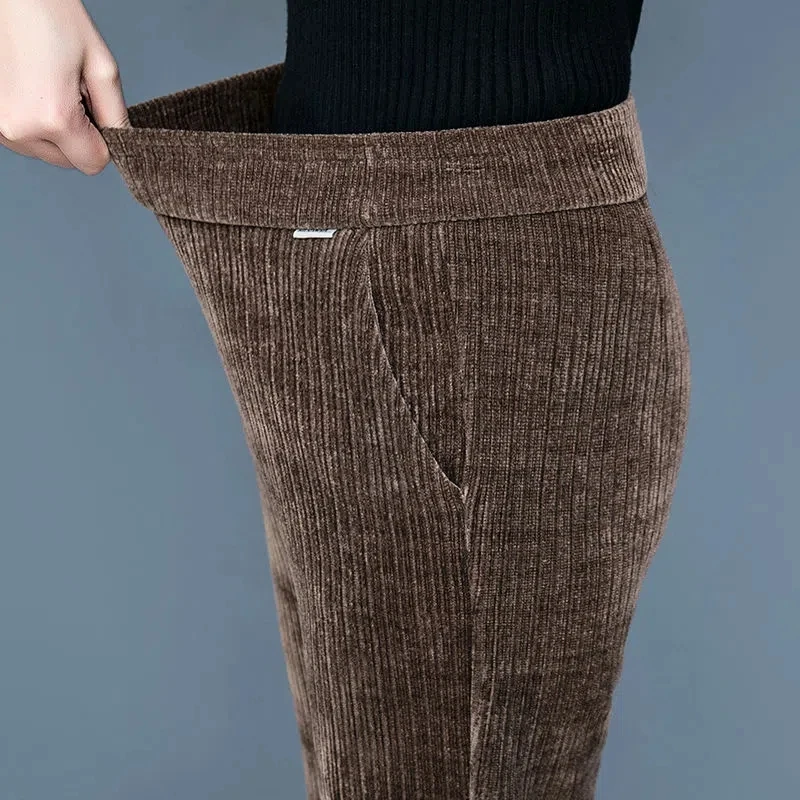 Plush Thick Casaul Pants Women Solid Elastic Waist Pocket Corduroy Harem Pant Snow Wear Fleece Lined Retro Mom Winter Trousers
