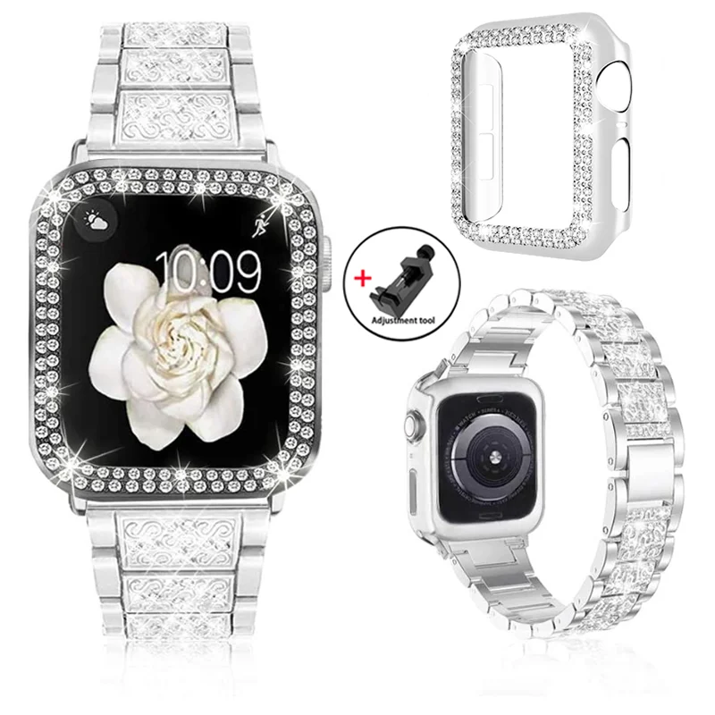 Elegant Diamond-Encrusted Metal Bracelet with Case