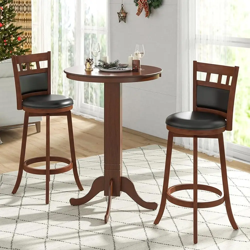3 Piece Round Bar Table Set with 2 Upholstered Swivel Stools Rubber Wood Frame Kitchen Dining Home Decor 2
