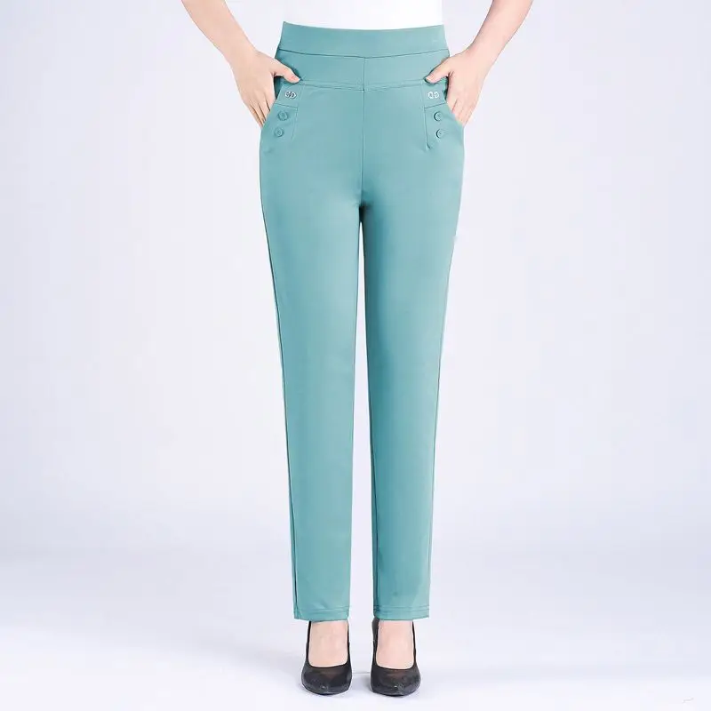 Plus Size Casual Women Elastic Basics Pencil Pants Straight Trousers OL Candy Colors High Waist Ankle-Length Pants Middle-aged