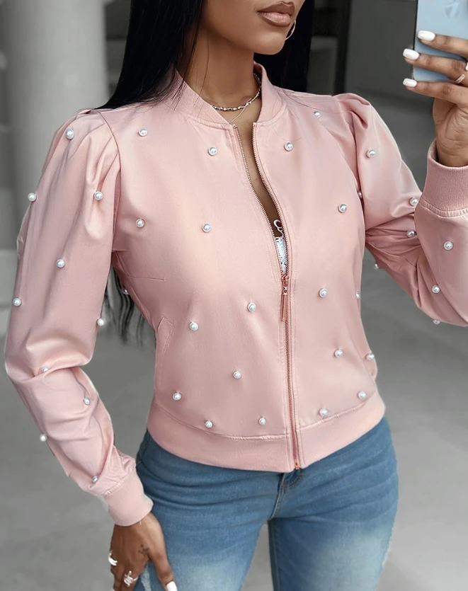 Fashion Women's Beaded Baseball Collar Zipper Design Coat Casual Long Sleeve Jacket for Women Overall 2024 missjoy solid long romper palazzo pants women high waist wide leg pants lace up bodysuit overall pantalones комбинезон женский