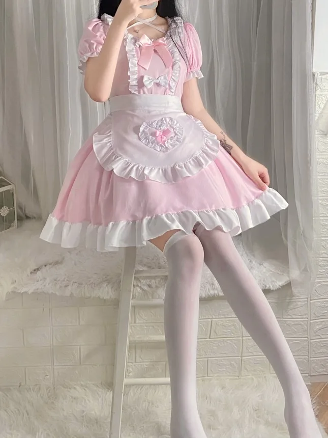 S-2XL Anime Lolita Dress Cafe Costumes Pink Maid Dress Lolita Sets Cosplay Maid Restaurant Cute Girl Kawaii Outfit