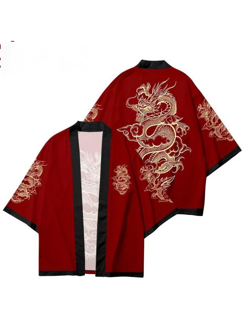 Japanese Kimono Clothes Chinese Dragon Design Fashion Japanese Cardigan Haori Unisex Traditional Costume Cosplay Red Shirt Yukata Beach Kimono