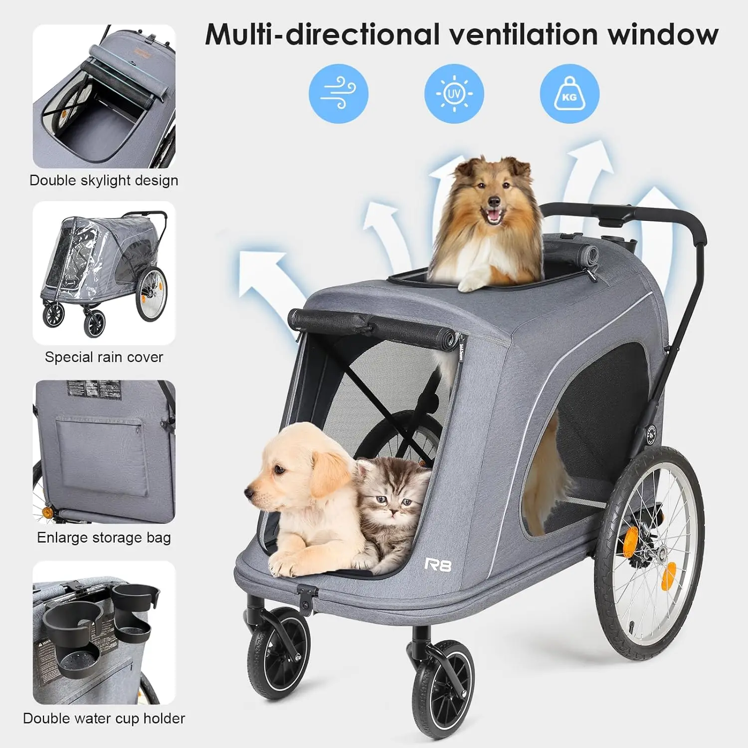 R8 Pro Extra Large Foldable Pet Stroller, Dog Stroller & Pet Trailer for Large Dogs Under 100 lbs, Unmovable, Disabled & Pregnan