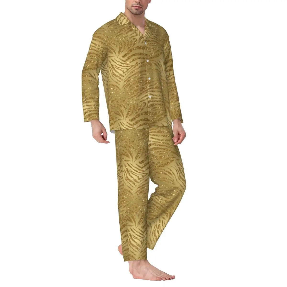 

Pajamas Mens Sparkle Tiger Print Sleep Sleepwear Gold Glitter Stripes 2 Piece Casual Pajama Set Long-Sleeve Oversized Home Suit