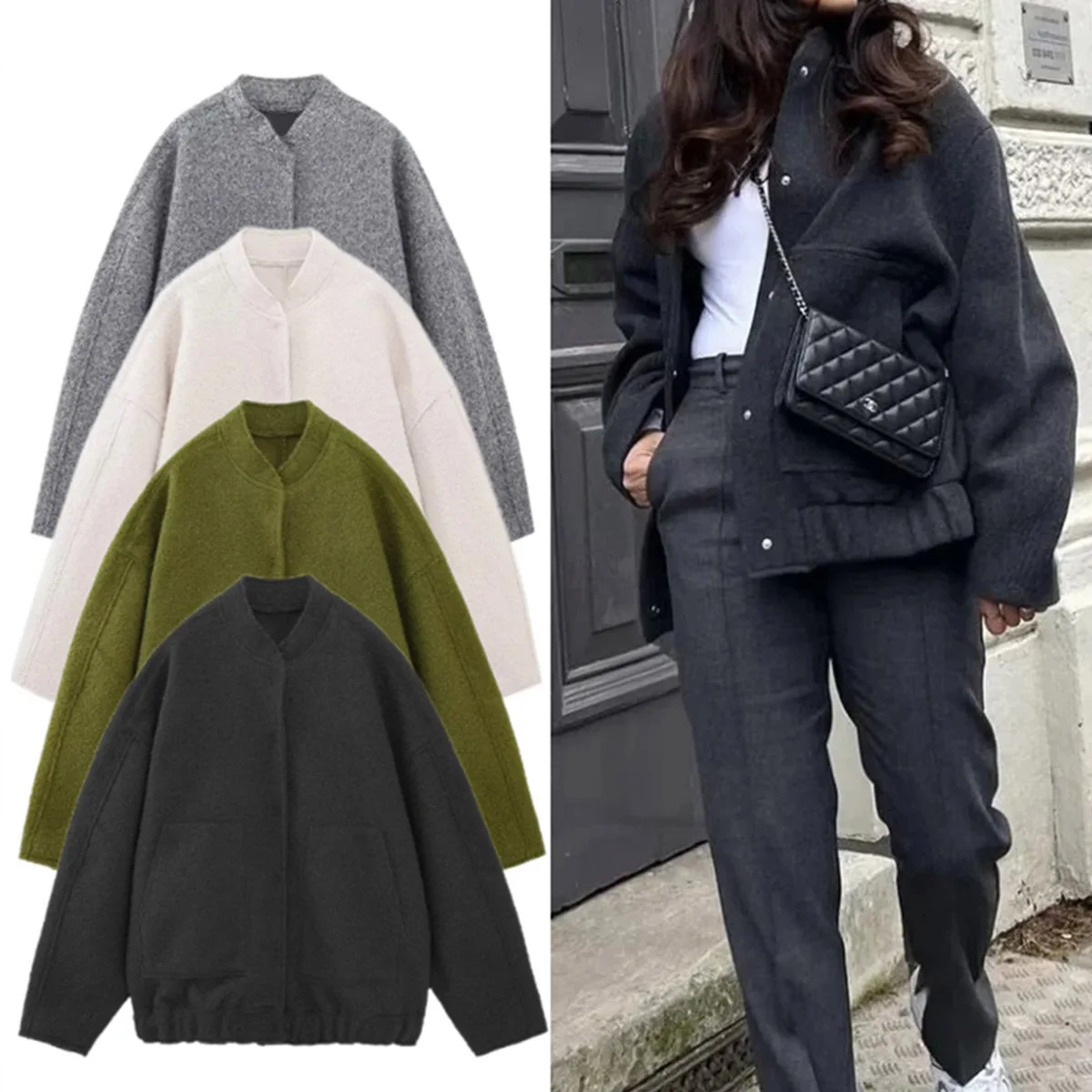 

Women's Solid Coat Pocket Decorative Hidden Button Loose Versatile Oversized Bomber Jacket Round Neck Long Sleeve Casual Coats