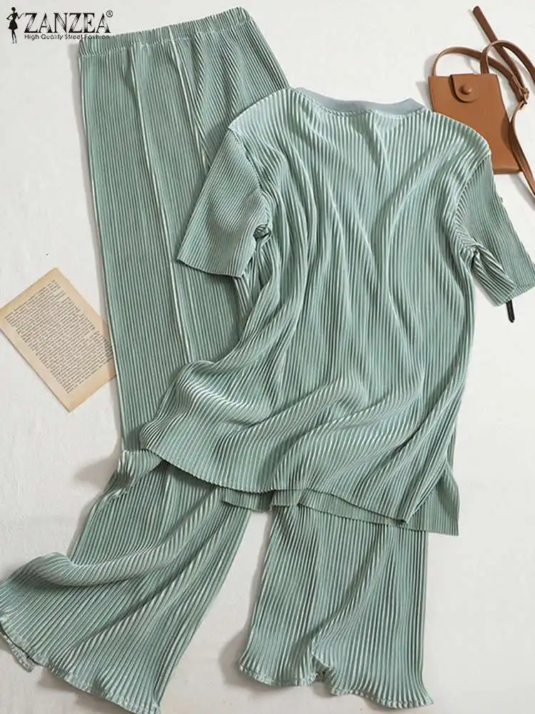 

Casual Wide Leg Long Trousers Sets ZANZEA Women 2pcs Pant Sets Summer 2023 O Neck Tracksuit Holiday Solid Texture Fabric Outfits