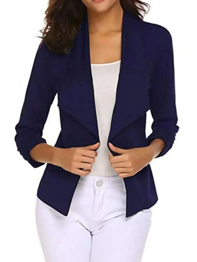 سترة نسائية غير رسمية مع جبهة مفتوحة ، جاكيت بأكمام طويلة ، سترة بقصة ضيقة ، أحادية اللون ، كم ، أزياء أنيقة