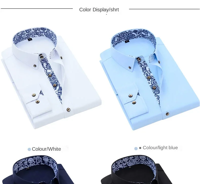High Quality Men's Shirts with Retro Blue and White Porcelain Collar Long-sleeved Slim Fit Dress Shirts Business Casual Style