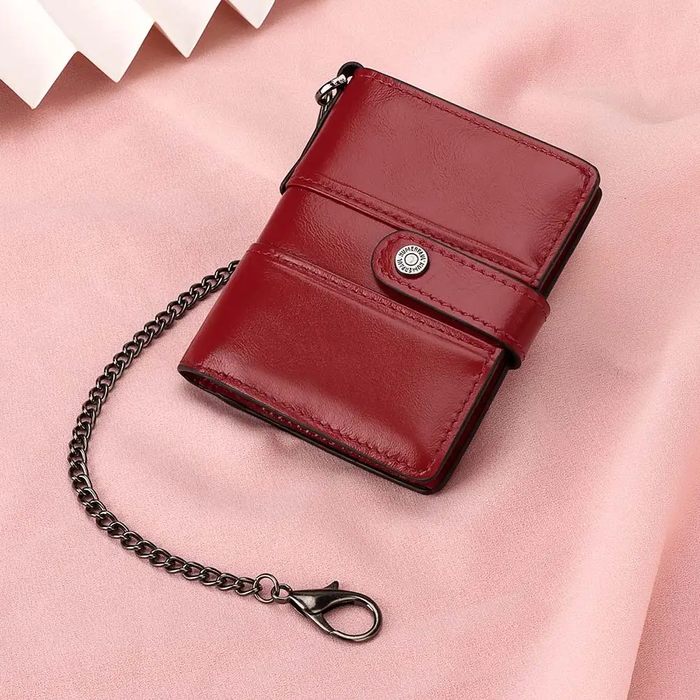 100% Genuine Leather Women Wallet RFID Blocking Card Holder Fashion Travel  Purse Female Zipper Coin Pocket With Anti-theft Chain