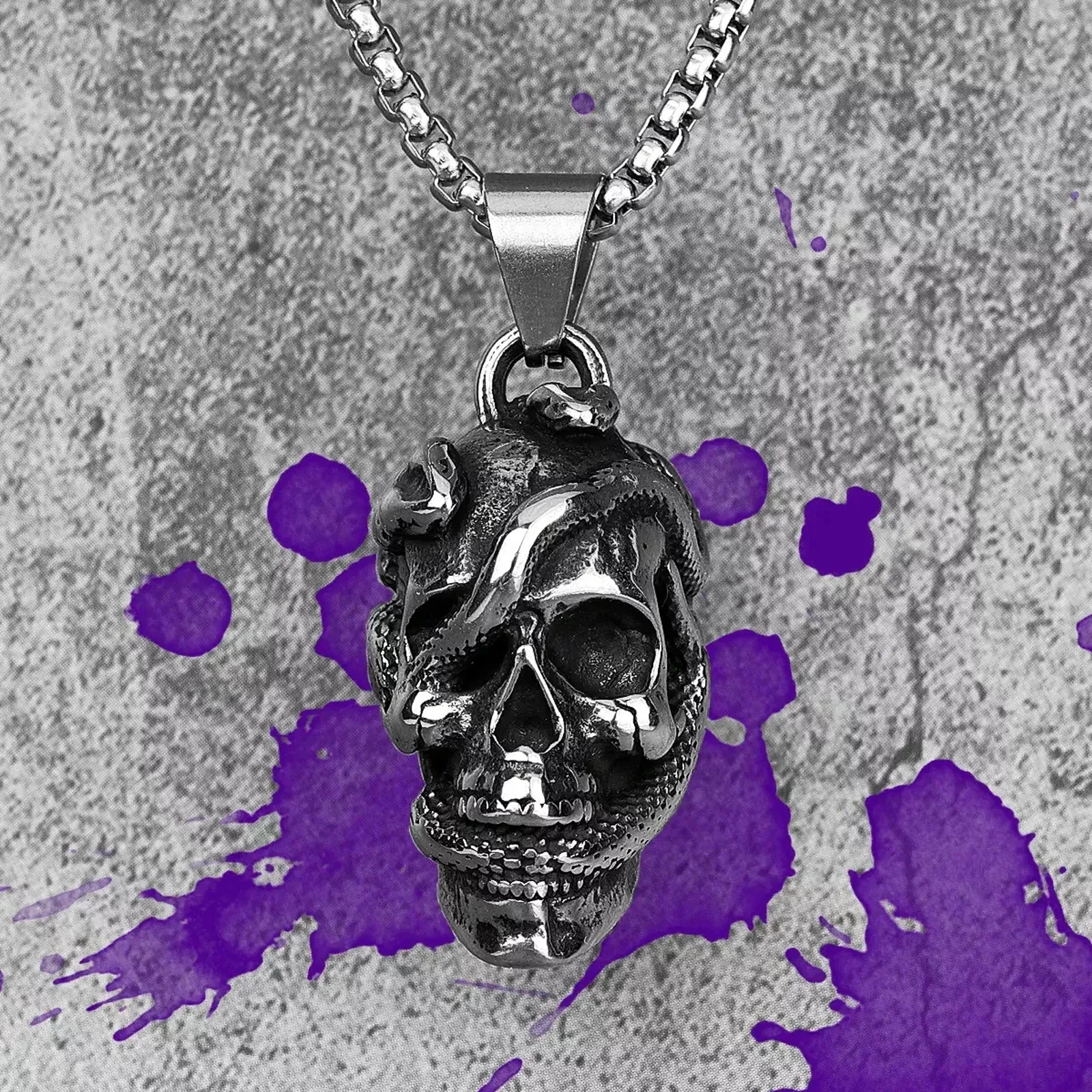 

Gothic Double Headed Snake Skull Men's Stainless Steel Pendant Necklace Punk Rock Jewelry