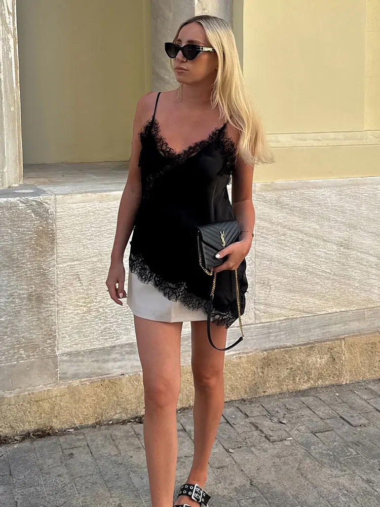 HH Summer Women Sexy Asymmetric Lace Tops Elegant Fashion Solid V Neck Underwear Style Suspender Tank Top Beach Holiday Camis