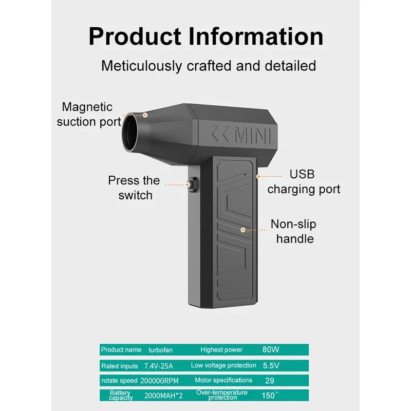 Violent Fan 200000RPM Powerful Air Blower Vacuum Dust Cleaner Type-C Charging Strong Winds 52m/s Brushless Turbo Jet Blower