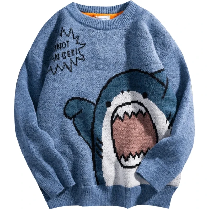 

Autumn Winter Cartoon Shark Crew-neck Couple Sweater Men's Fashion Brand Loose Korean Version of Knitted Shirt HK Wind Ins Top