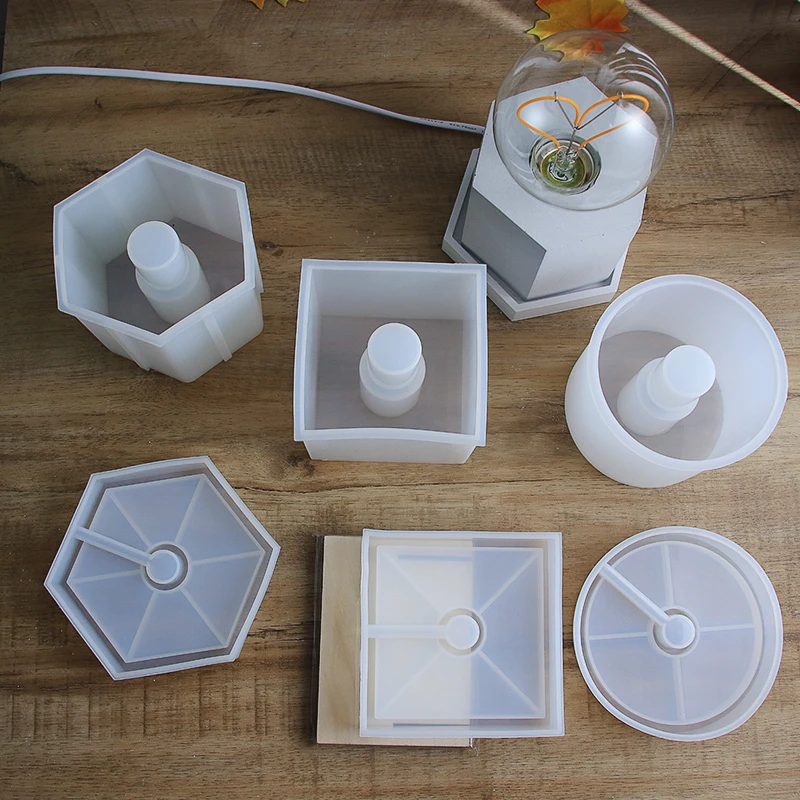 램프 홀더 실리콘 몰드 DIY 콘크리트 에폭시 소켓, 기하학적 큐브 전구 베이스, 재사용 가능한 침대 옆 테이블 조명 공예 키트