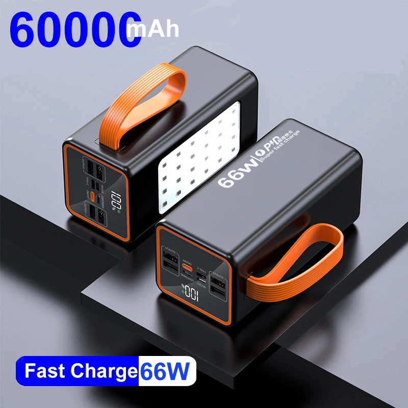 

Power Bank 60000mAh 66W Fast Charging Outdoor External Battery 4 USB Outputs Portable Powerbank For Xiaomi iPhone Samsung Huawei