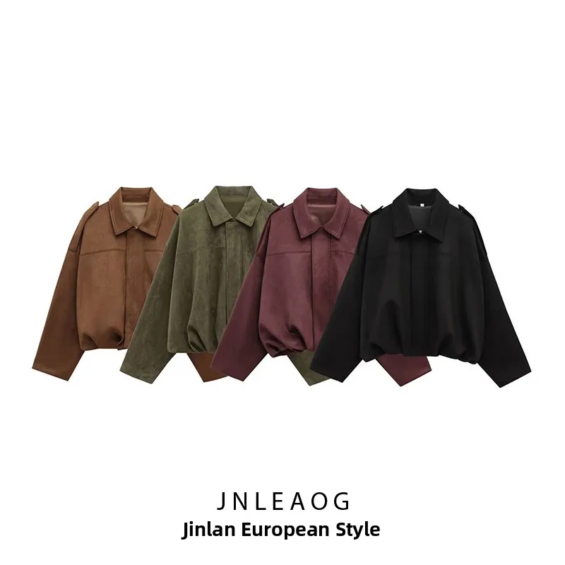 JNLEAOG Autumn New Women's Faux Suede Texture Pilot Jaet Outerwear Loose Fit Long Sve  Collar Button Closure Coat