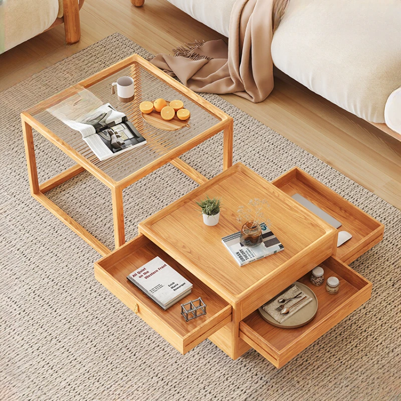 

Nordic log color solid wood small apartment living room square combination coffee table simple movable storage coffee table