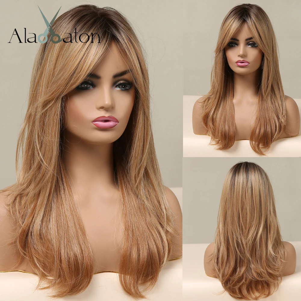 ALAN EATON Long Natural Wave Wig for Women Ombre Black Brown Golden Blonde Synthetic Wigs with Bangs Cosplay Heat Resistant Hair перчатки reusch alan black brilliant blue safety yellow 6 5 inch