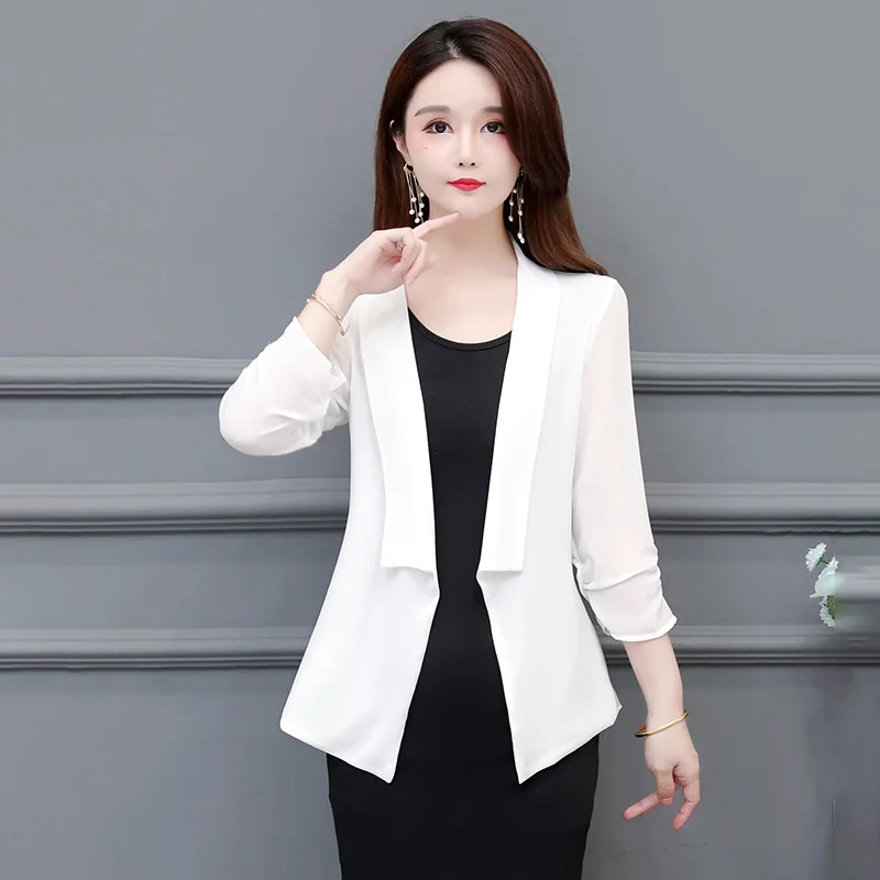 Shawl Collar Chiffon Sheer Shirts Women Open Stitch Cardigan White Tops Korea Office Lady Business Work Sunproof Streetwear