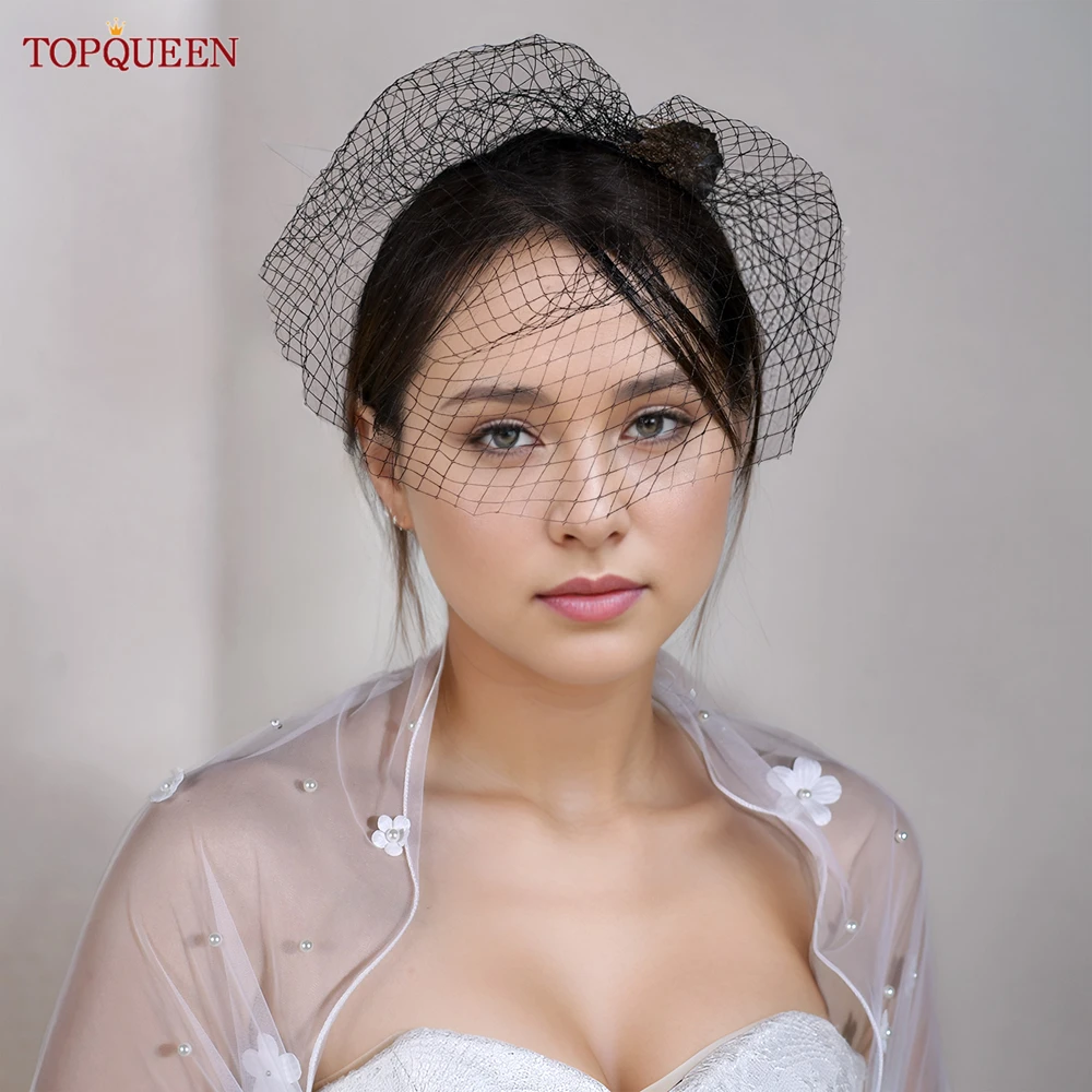 Bridal Veil TOPQUEEN VA02B Handmade Birdcage Veil Blusher Veil White Ribbon Flower Headband for Bridal Hair Accessories Face