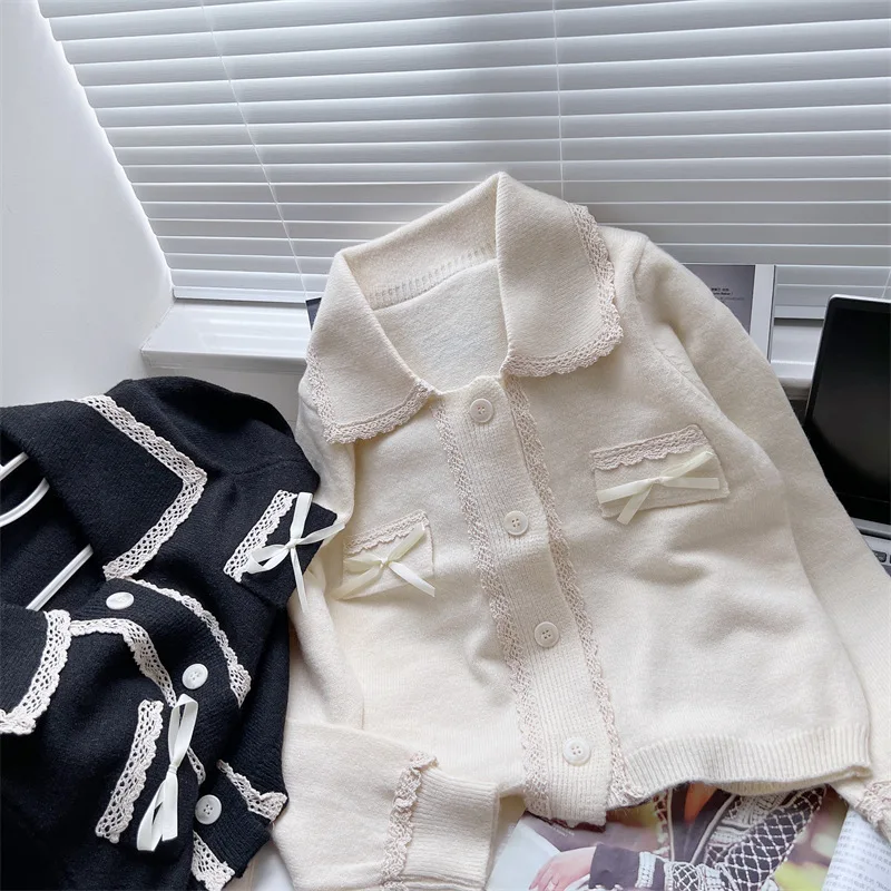 

2022 New Spring And Autumn Women's Sweet Style Lace Sweater Coat Top Loose Knit Cardigan Students