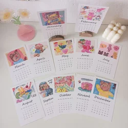 2022 Cartoon Oil Painting Bear Calendar Card Cute Postcard Home Decor Wall Sticker Decorative Card Kawaii Photo Props 12 Sheets