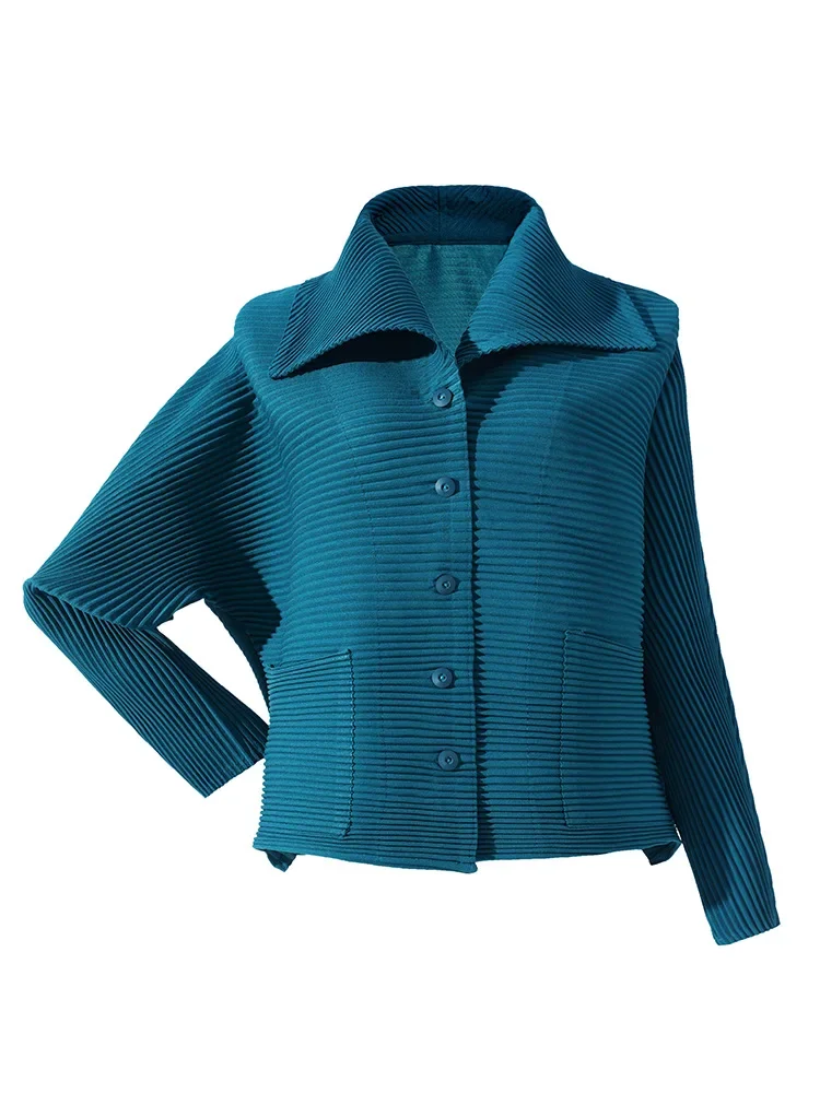 Miyake Pleated Short Coat for Women Autumn Winter New Casual Versatile Loose Large Lapel Single-Breasted Elastic Outerwear Top