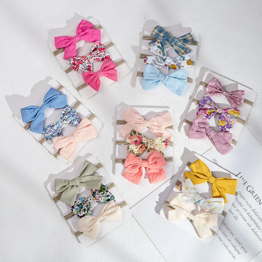 3PC/lot Baby Linen Cotton Hair Bow Kids Girls Nylon Headband Floral Prints Hair Bow Props Headwear Hair Accessories Children