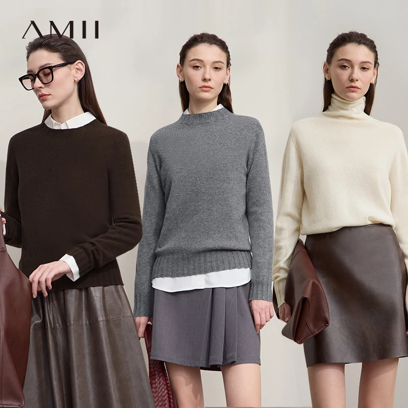 AMII Women's Sweater 100% Wool 2025 Autumn New Long Sleeve Tops Solid Loose Casual Versatile Sweaters Women's Clothing 12513012