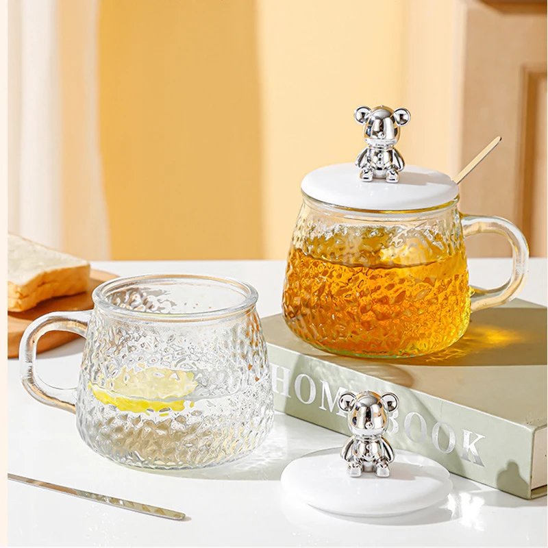 Hammer Pattern Glass Cup with Bear Lid and Spoon, Coffee Cup, Juice Glass Mug, Hand Handle, Tea Cup, Office Drinking, 300/400ml